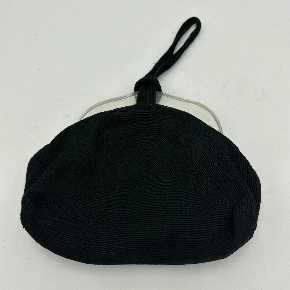 Vintage Black Corde Wristlet Handbag Clear Lucite Frame Triangle Stitch 50s MCM